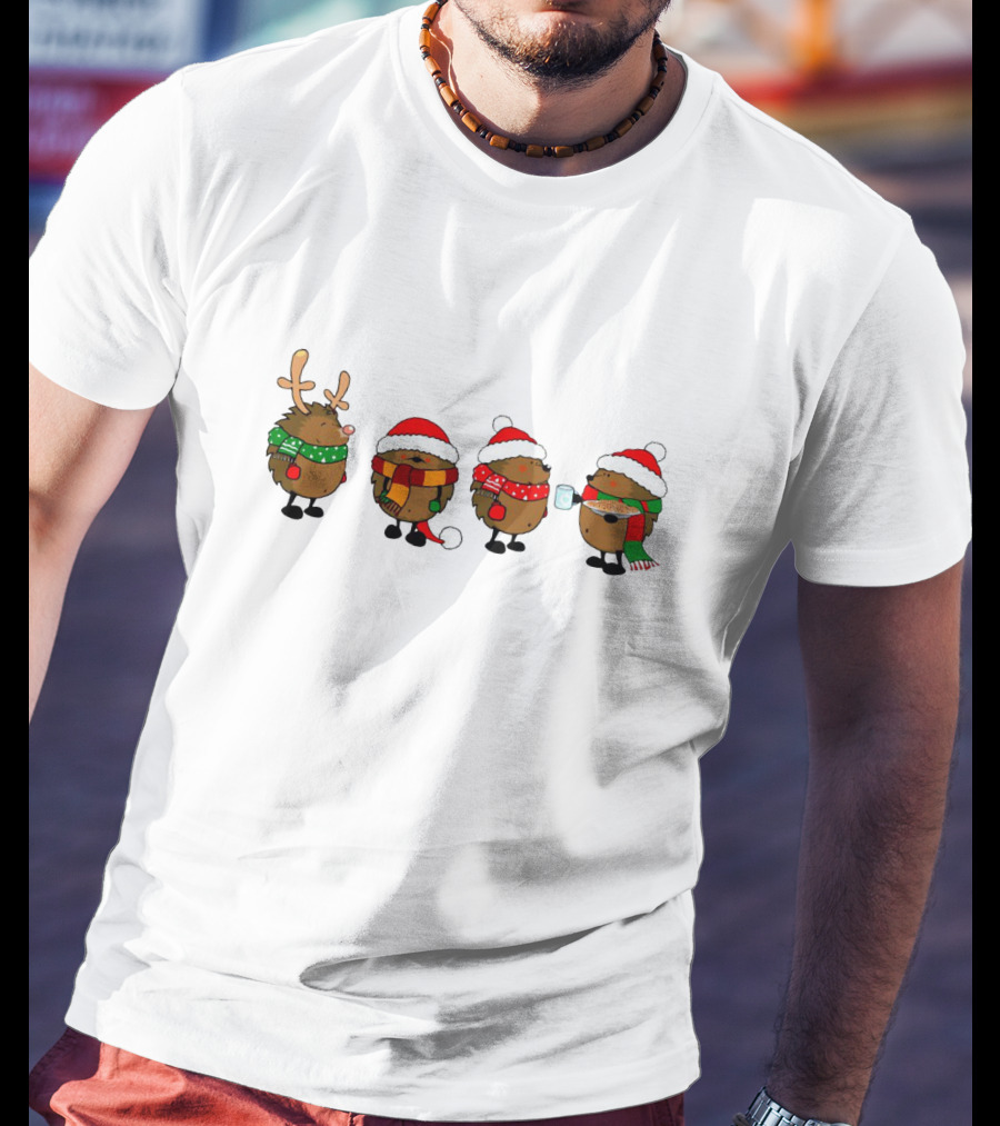 Hedgehogs Christmas Santa Hats Reindeer Antlers Scarf And Mug T-Shirt
