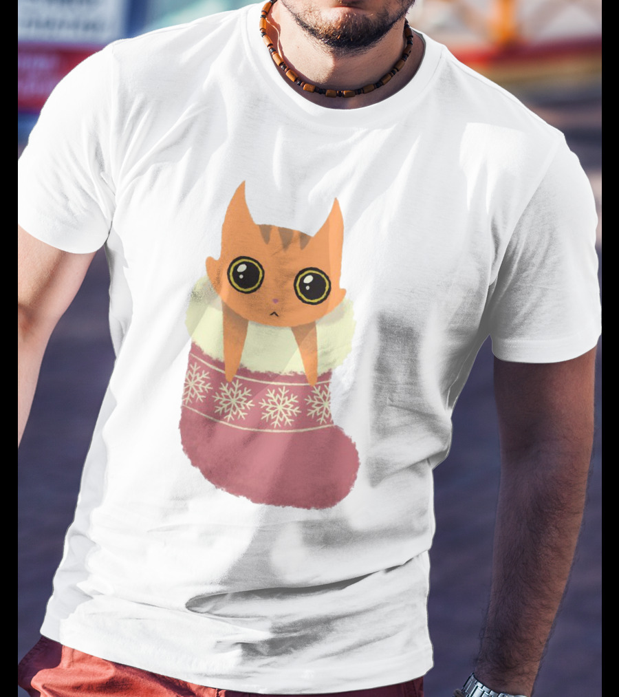 Adorable Orange Cat In Festive Christmas Stocking With Snowflake T-Shirt