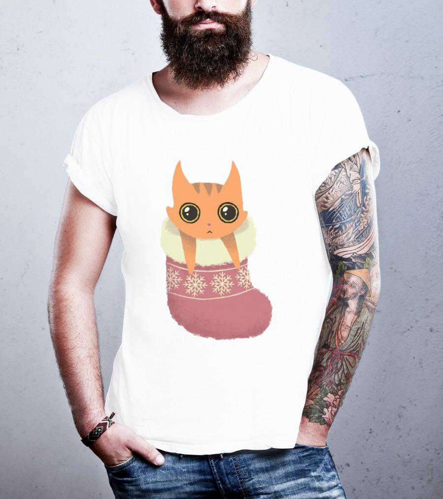 Adorable Orange Cat In Festive Christmas Stocking With Snowflake T-Shirt