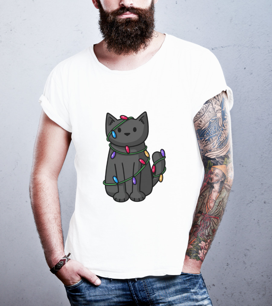 Wrapped Up In Lights Adorable Cat Tangled In Colorful Holiday String Bulbs T-Shirt