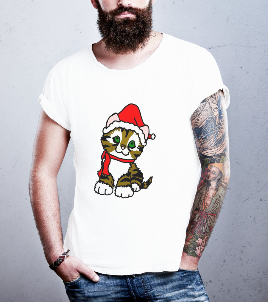 A Cute Tabby Kitten Dressed In Santa Hat And Scarf T-Shirt