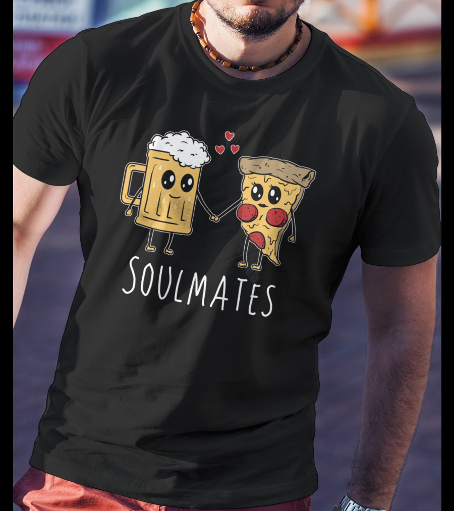 Soulmates Beer And Pizza Holding Hands With Hearts T-Shirt