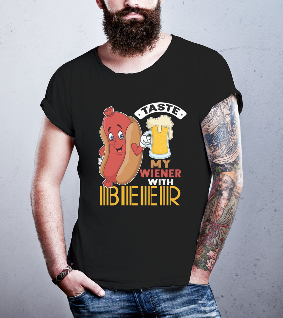 Taste My Wiener With Beer Funny Hot Dog Cartoon For Party T-Shirt