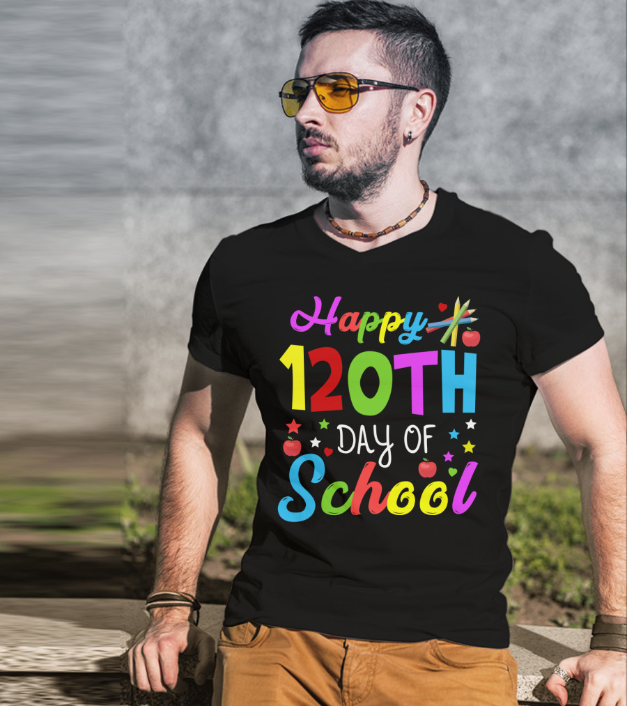 Happy 120th Day Of School Colorful Celebration With Stars And Apples T-Shirt