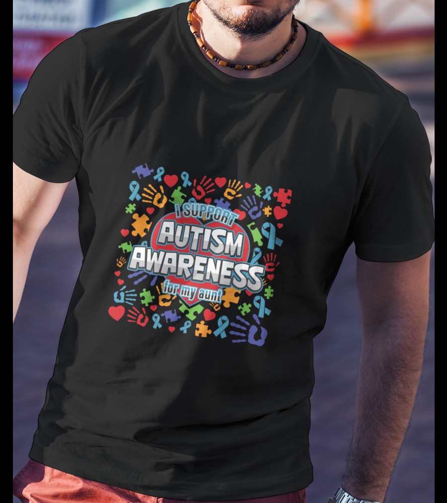 I Support Autism Awareness For My Aunt Colorful Puzzle Ribbon Hearts Hands T-Shirt
