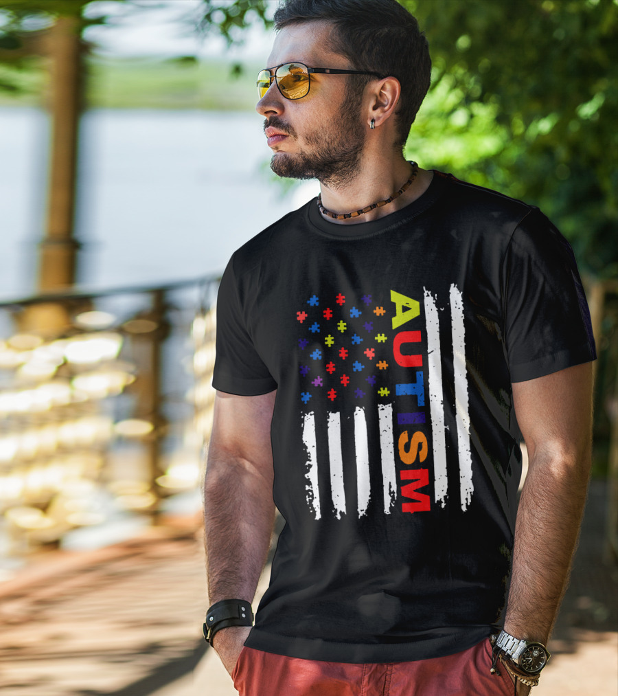 Autism Awareness Flag Design With Colorful Puzzle Pieces And Vertical Stripes T-Shirt