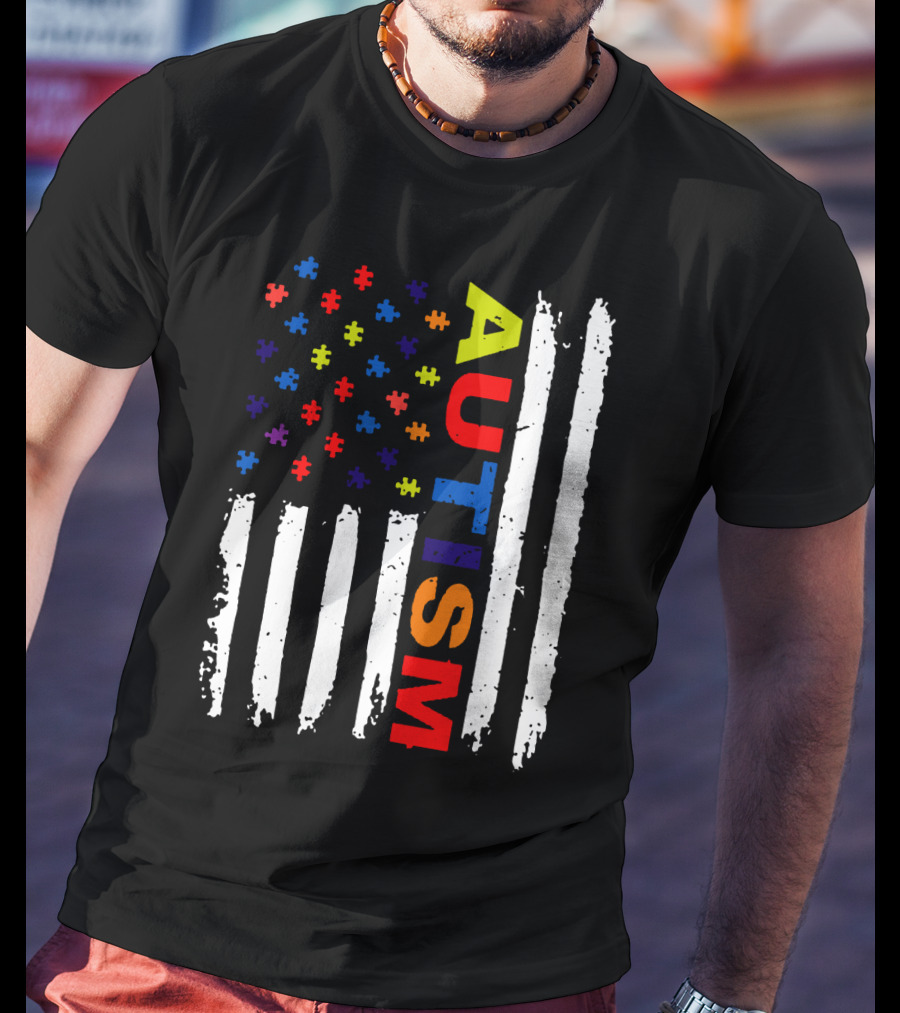 Autism Awareness Flag Design With Colorful Puzzle Pieces And Vertical Stripes T-Shirt