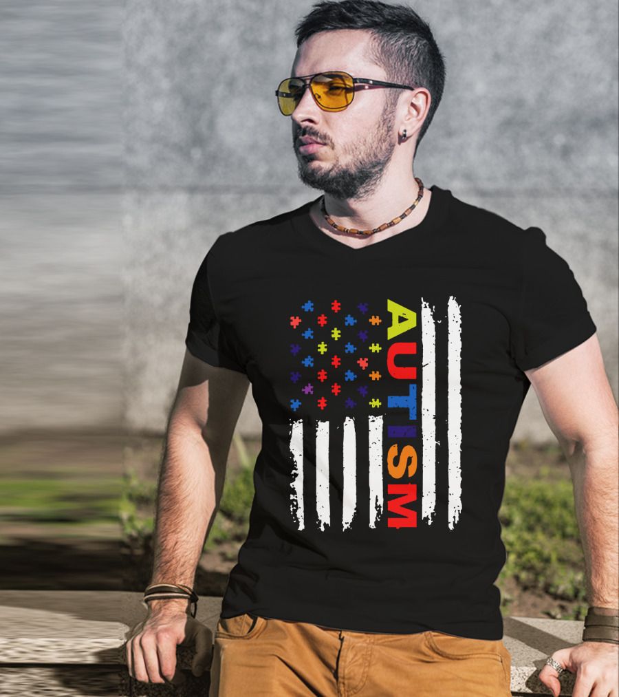 Autism Awareness Flag Design With Colorful Puzzle Pieces And Vertical Stripes T-Shirt