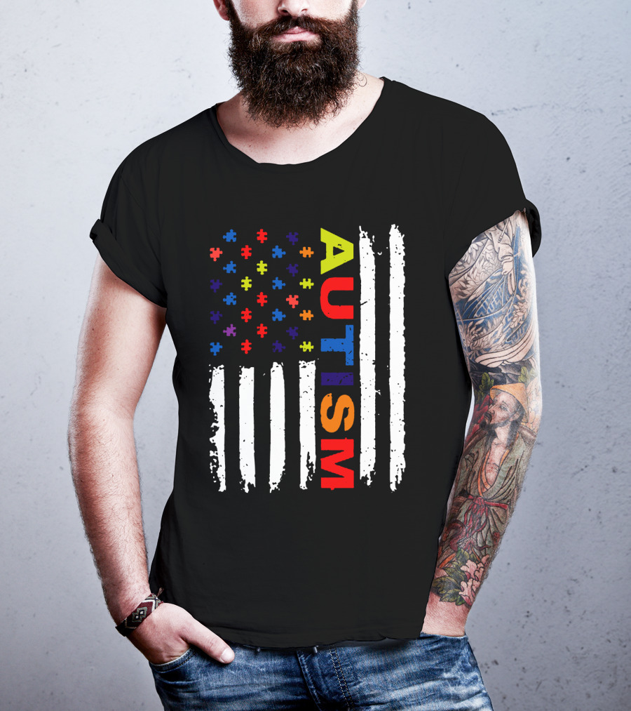 Autism Awareness Flag Design With Colorful Puzzle Pieces And Vertical Stripes T-Shirt