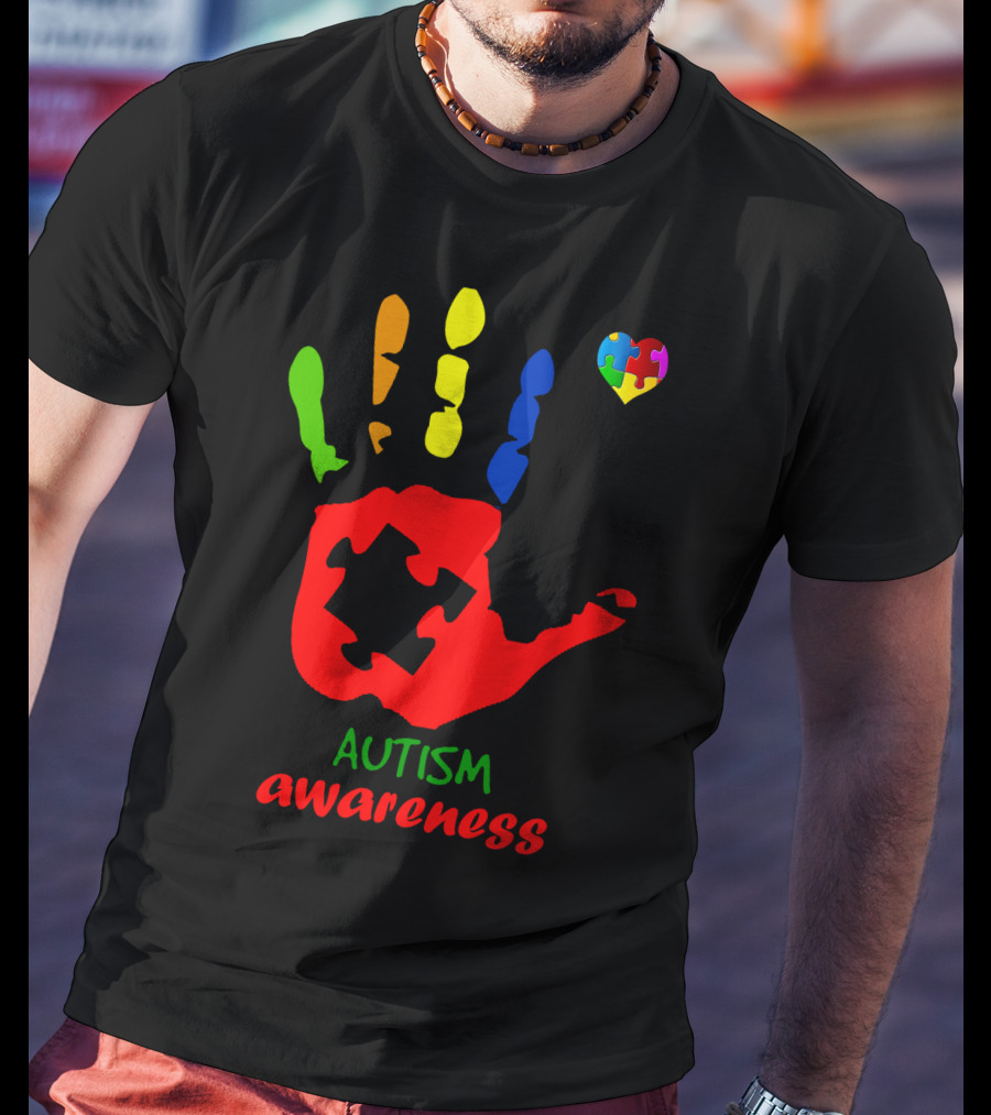 Autism Awareness Colorful Handprint With Puzzle Heart T-Shirt