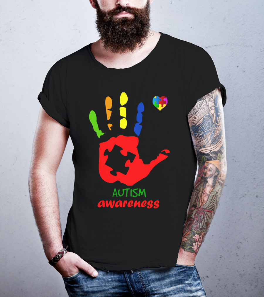 Autism Awareness Colorful Handprint With Puzzle Heart T-Shirt