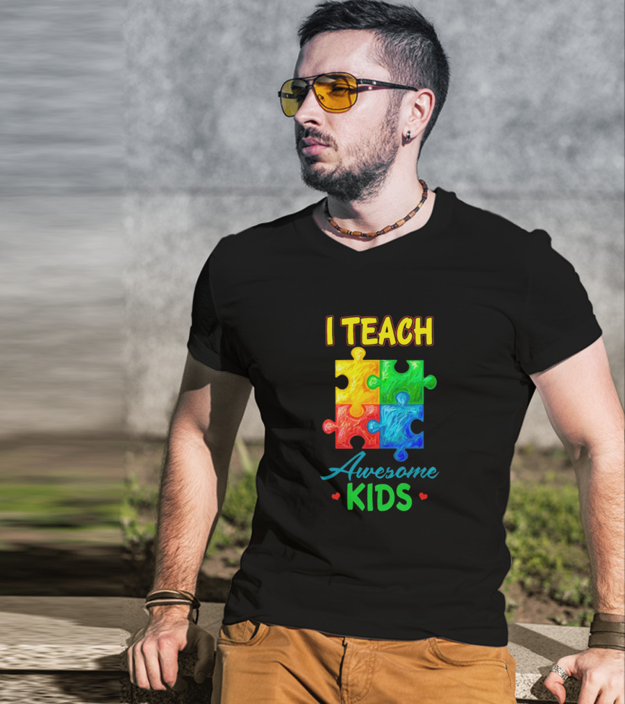 I Teach Awesome Kids Autism Puzzle Pieces T-Shirt