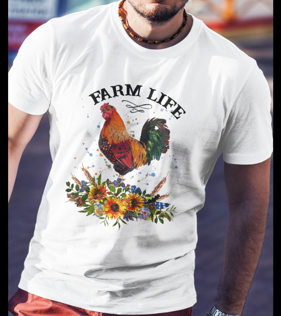 Farm Life Chicken Rooter With Colorful Rooster And Floral Arrangement T-Shirt