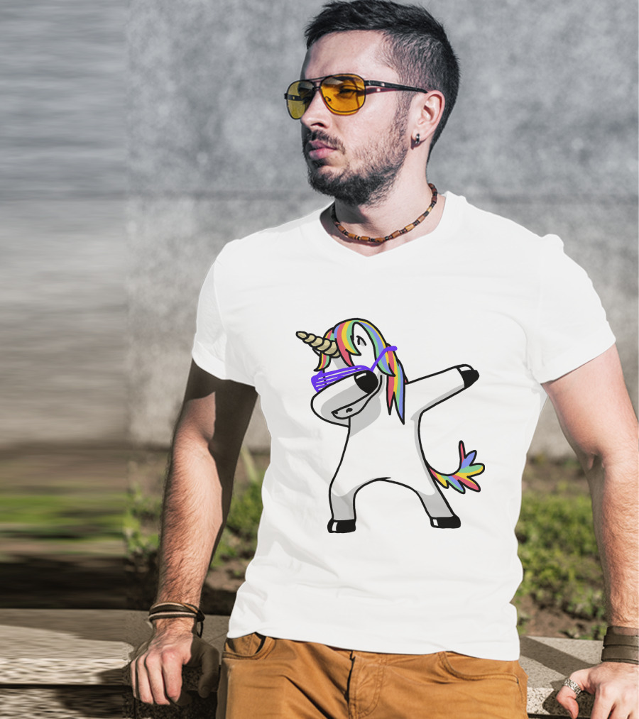 Colorful Rainbow Mane Unicorn In Dabbing Pose With Sunglasses T-Shirt