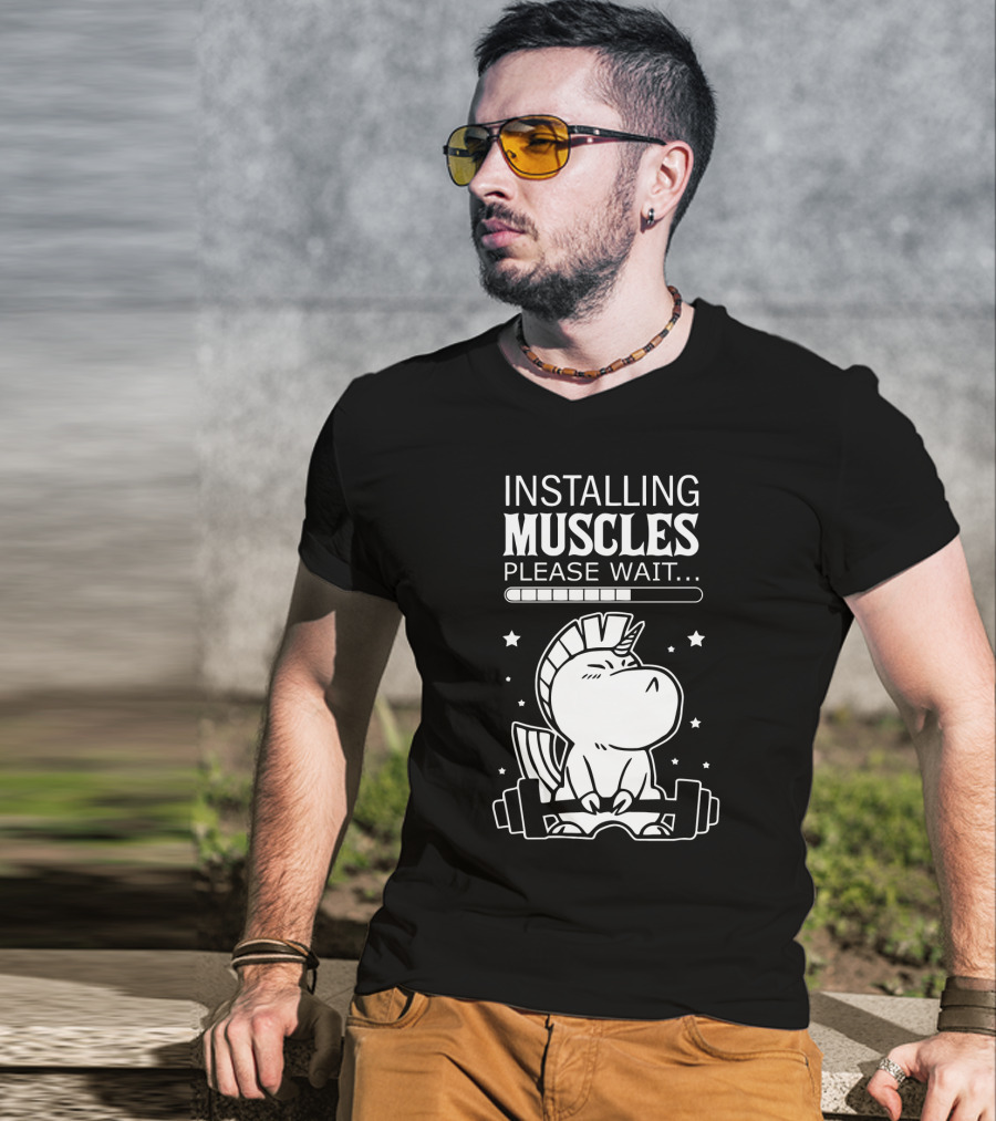 Installing Muscles Please Wait Unicorn Lifting Dumbbells T-Shirt
