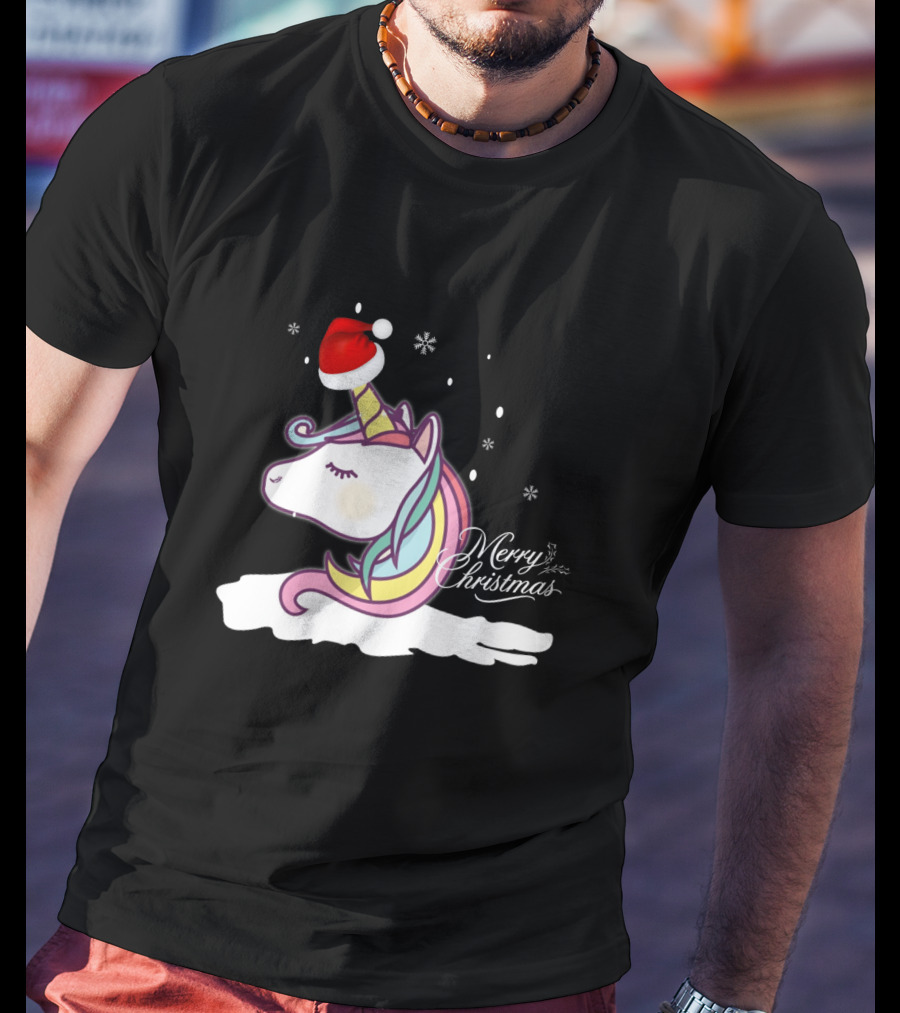 Unicorn Merry Christmas Snowflakes Santa Hat T-Shirt