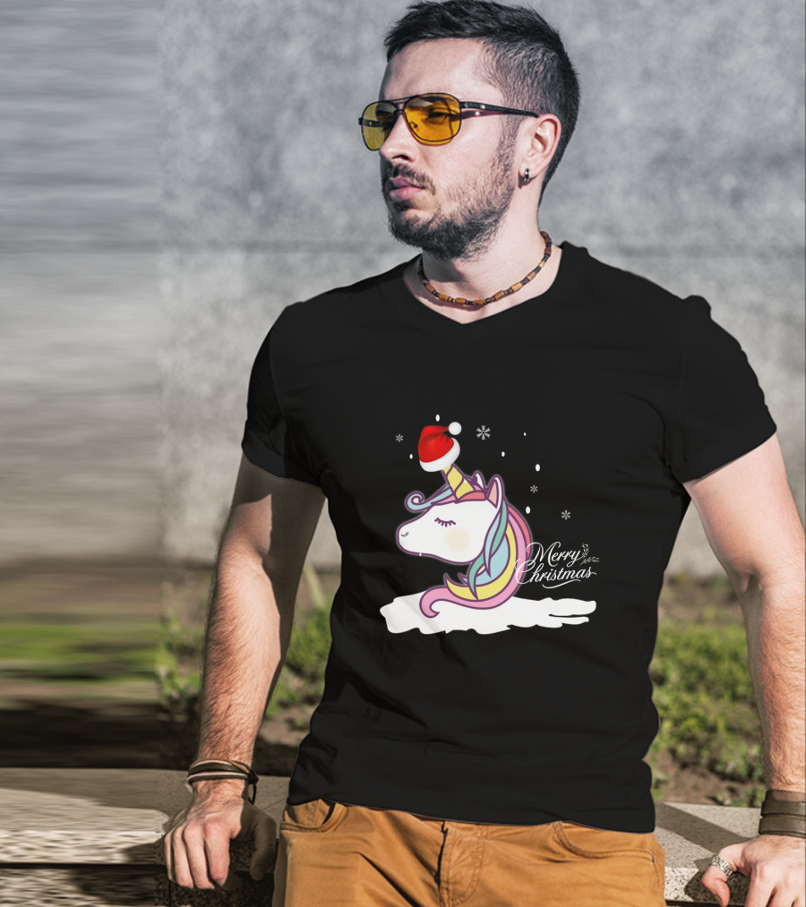 Unicorn Merry Christmas Snowflakes Santa Hat T-Shirt