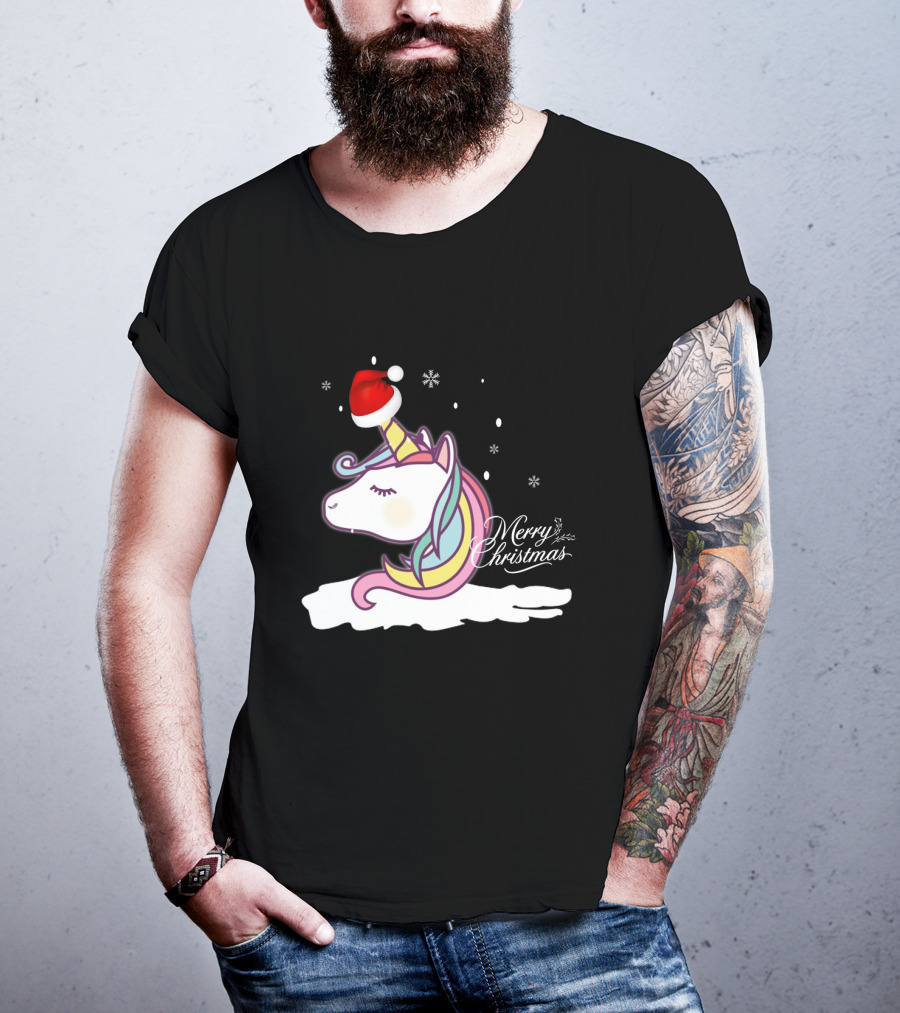 Unicorn Merry Christmas Snowflakes Santa Hat T-Shirt