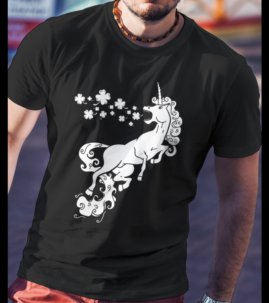 Unicorn Blowing Shamrock Flowers Mystical T-Shirt