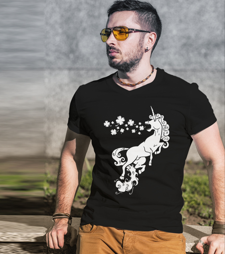 Unicorn Blowing Shamrock Flowers Mystical T-Shirt
