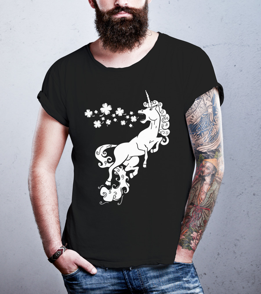 Unicorn Blowing Shamrock Flowers Mystical T-Shirt