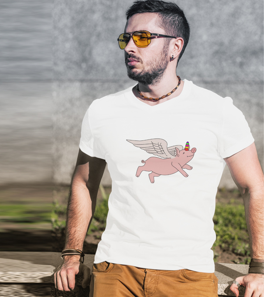 Flying Pig With Rainbow Unicorn Horn And Angel Wings T-Shirt