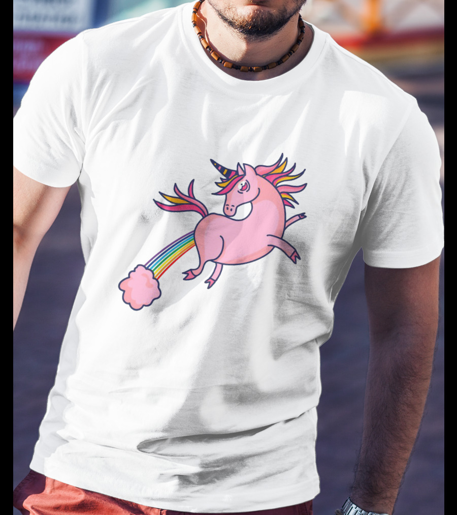 Magical Unicorn With Rainbow Tail And Puffy Clouds T-Shirt