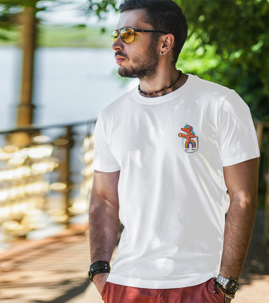 Orange Unicorn With Rainbow Pocket Swirl T-Shirt