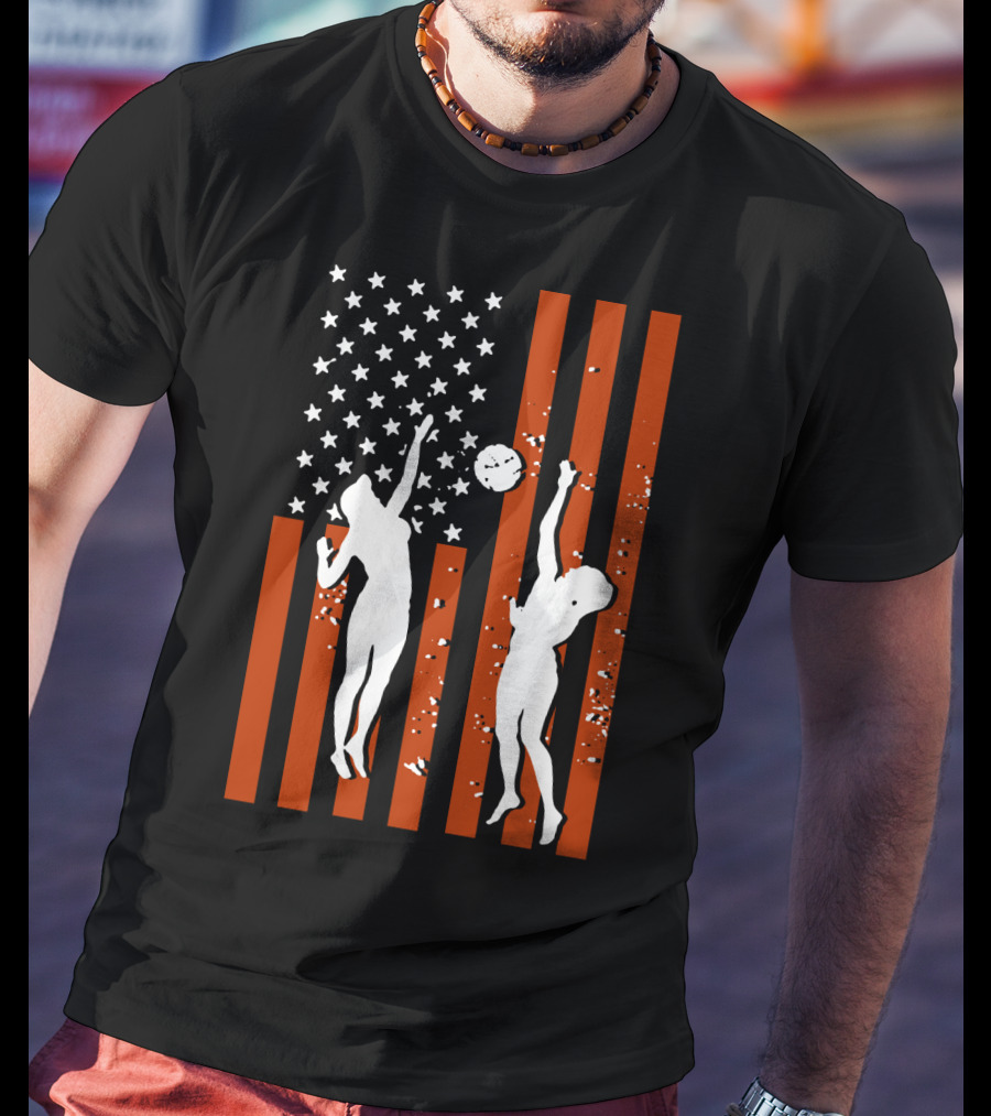 Volleyball Silhouettes Against American Flag Patriotic Sports Scene T-Shirt