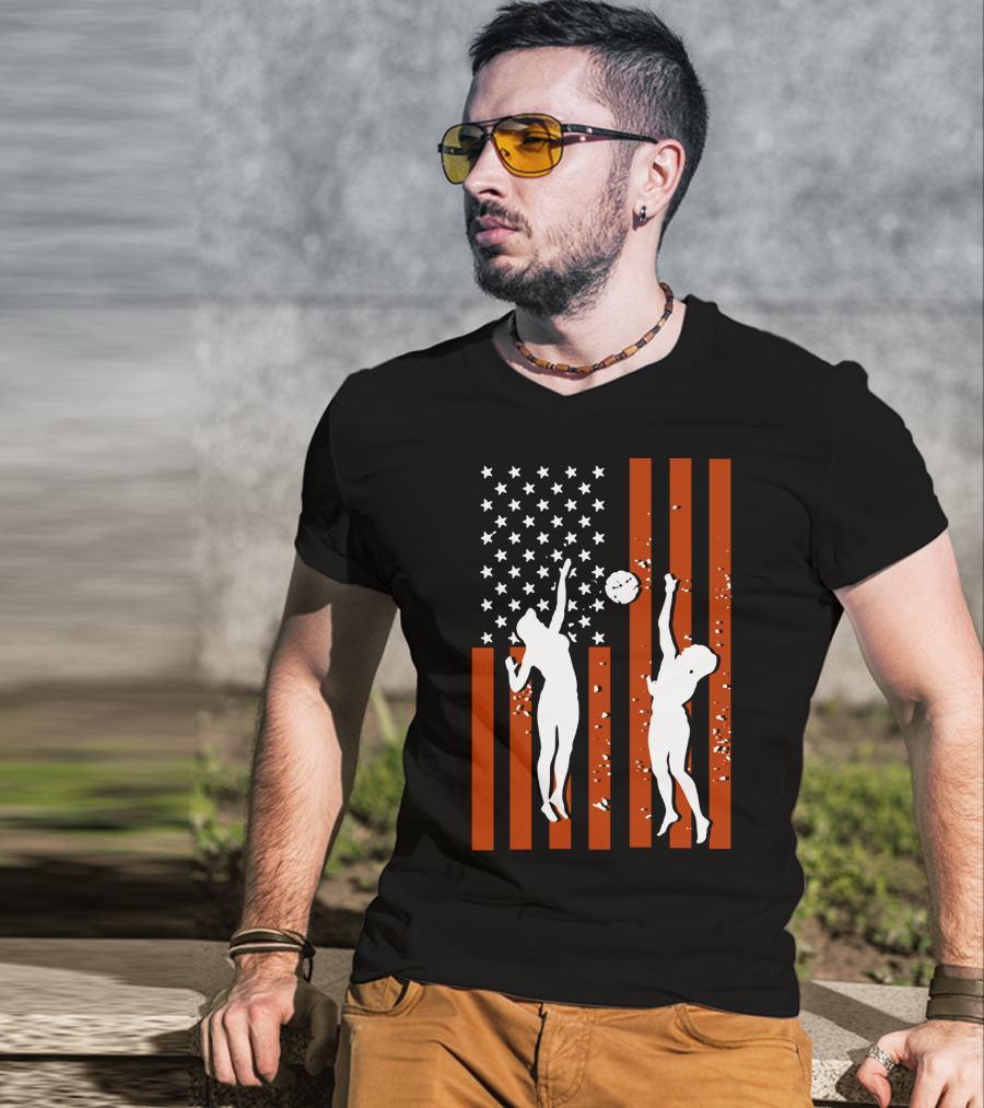 Volleyball Silhouettes Against American Flag Patriotic Sports Scene T-Shirt