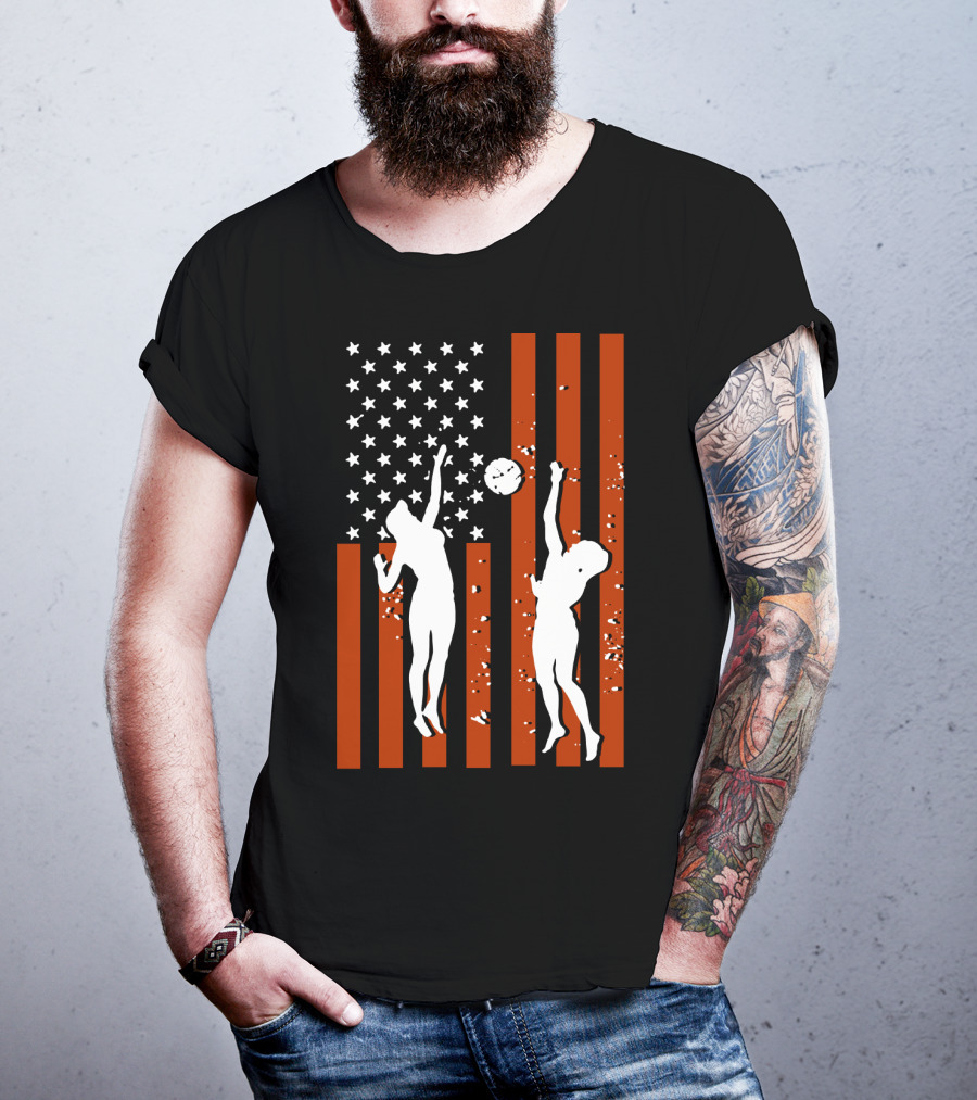 Volleyball Silhouettes Against American Flag Patriotic Sports Scene T-Shirt