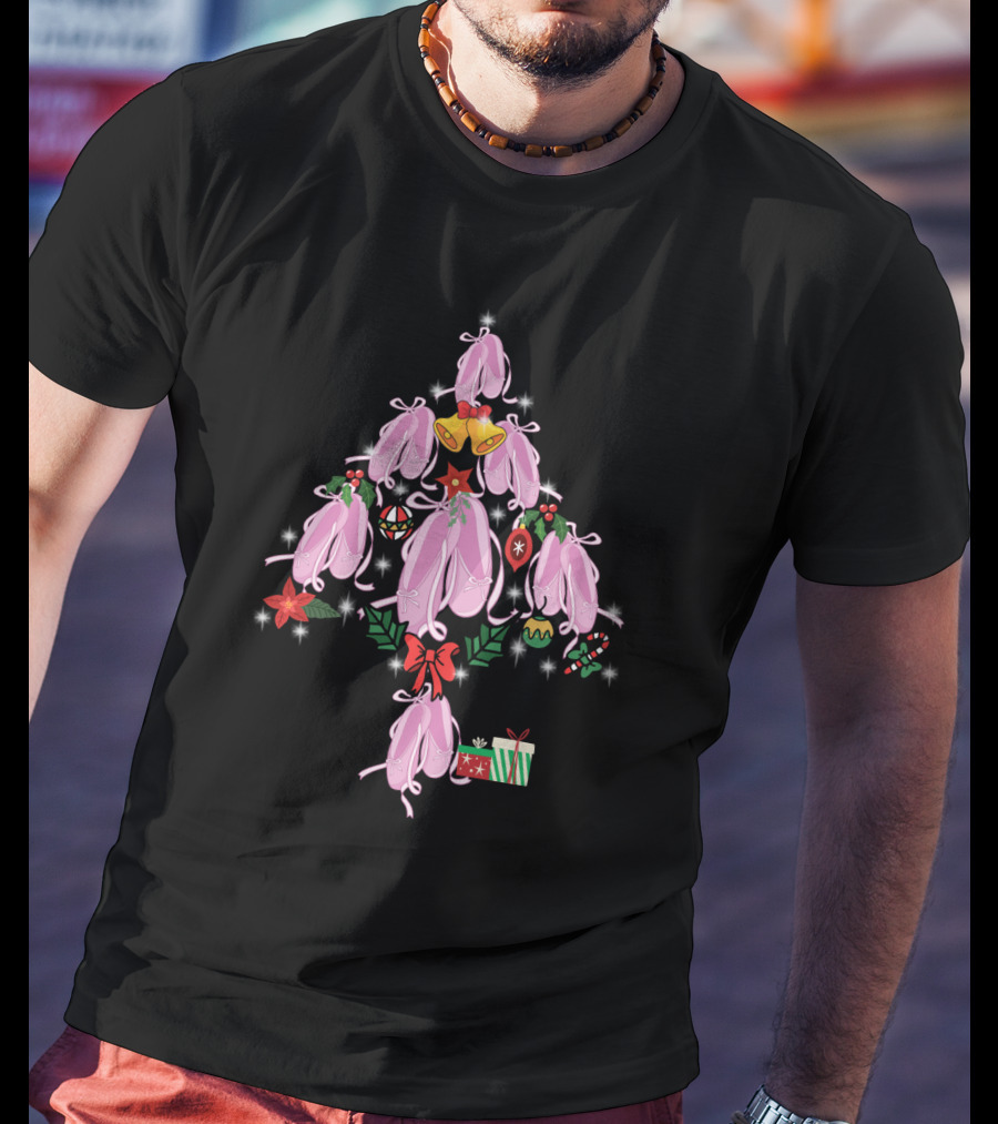 Pointe Shoes Shaped As Christmas Tree With Bells, Ornaments, And Gifts T-Shirt