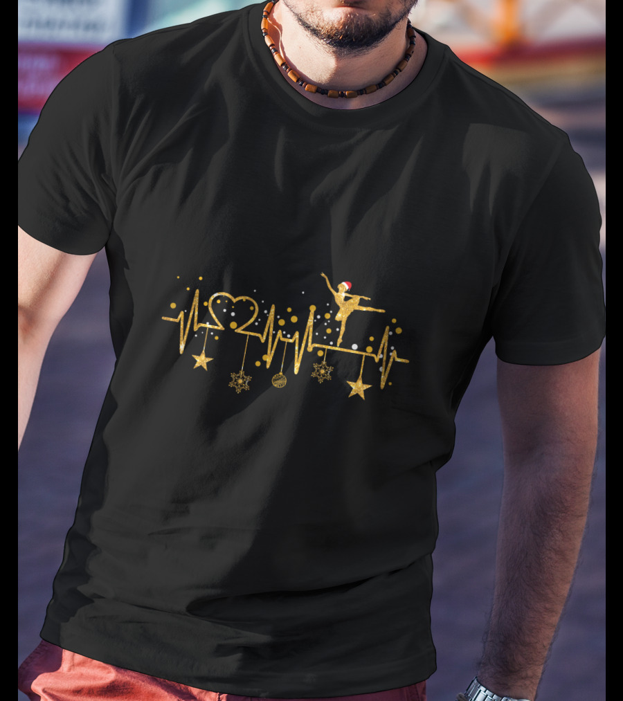 Ballet Dancer Heartbeat Golden Christmas Theme With Stars And Santa Hat Elements T-Shirt