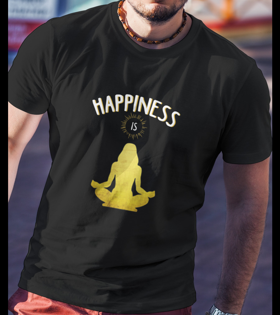 Happiness Is Yoga Meditation Silhouette In Yellow With Sunburst T-Shirt
