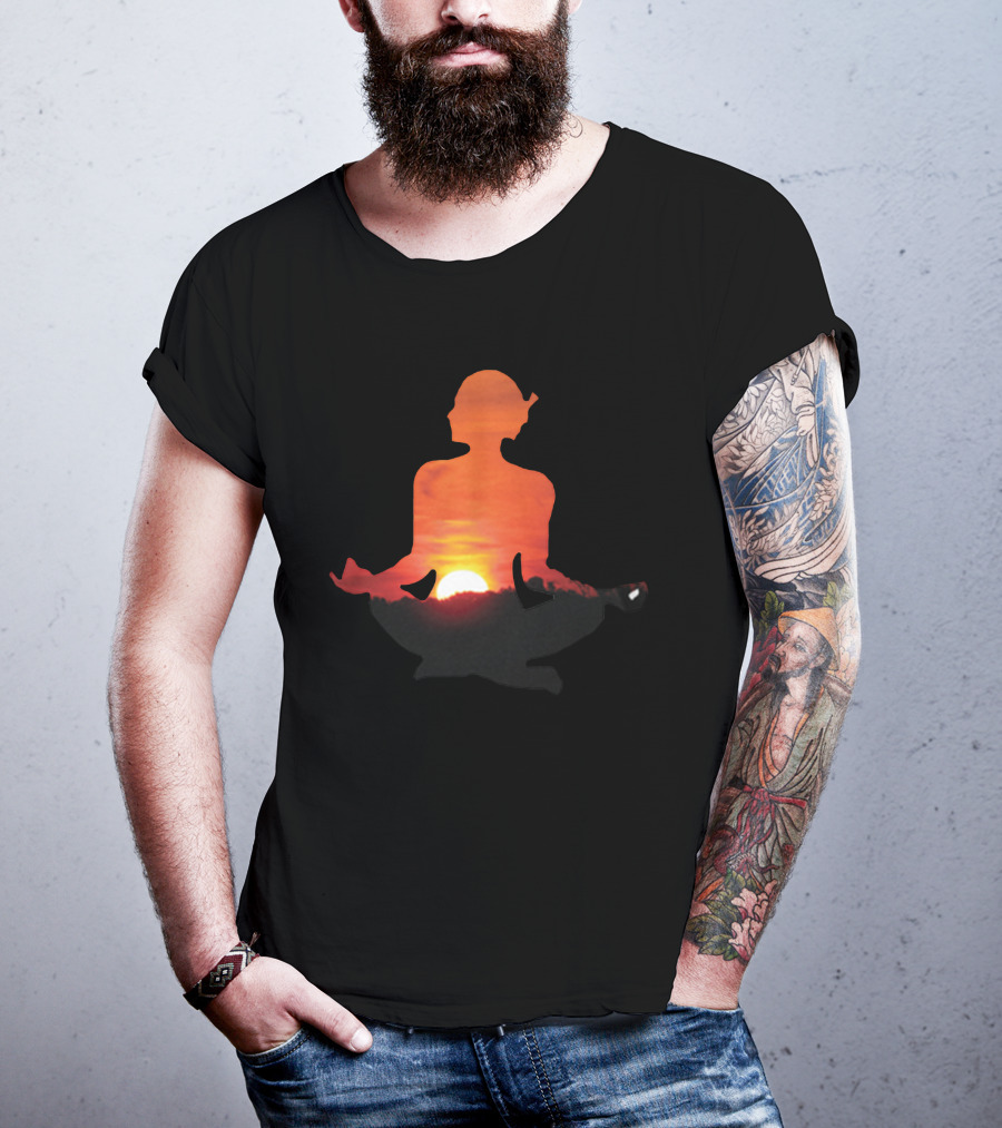 Yoga Meditation Silhouette Over Vibrant Sunset Horizon T-Shirt