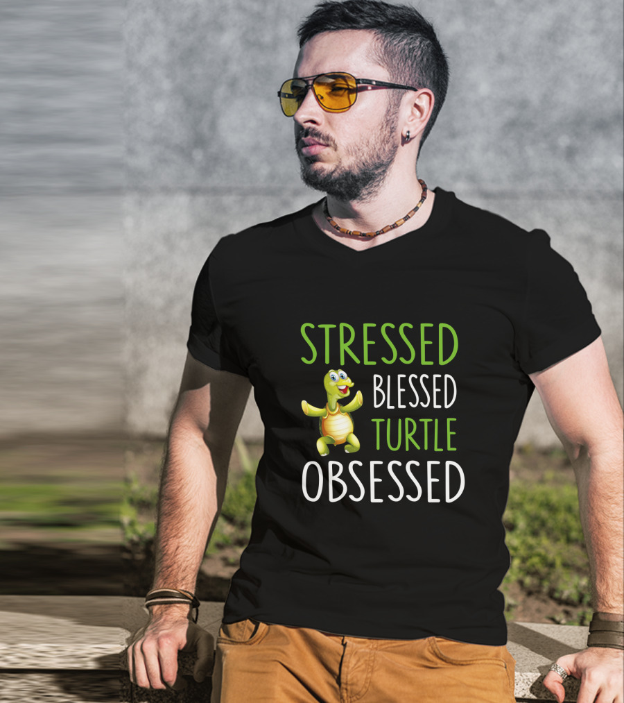 Stressed Blessed Turtle Obsessed Happy Cartoon Turtle T-Shirt