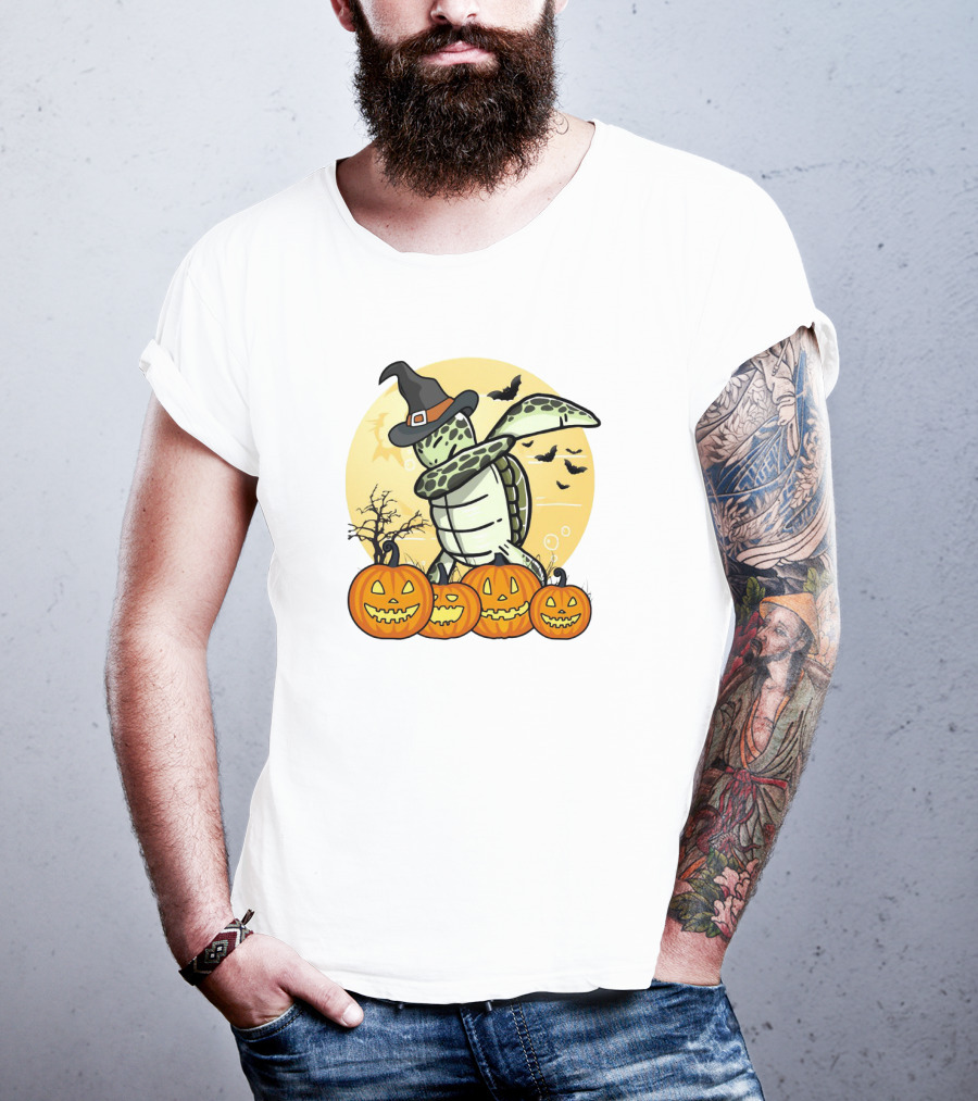 Turtle Dabbing With Witch Hat And Pumpkins Halloween Dab Dance T-Shirt