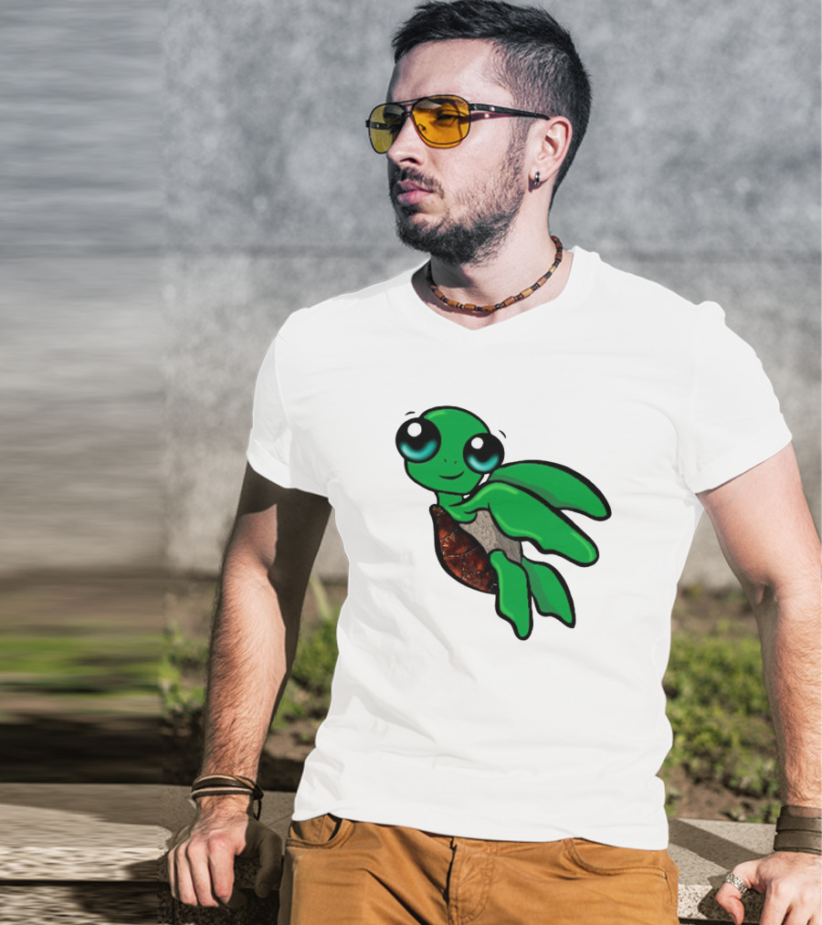 Funky Turtle Cute Green Cartoon Character With Big Eyes T-Shirt