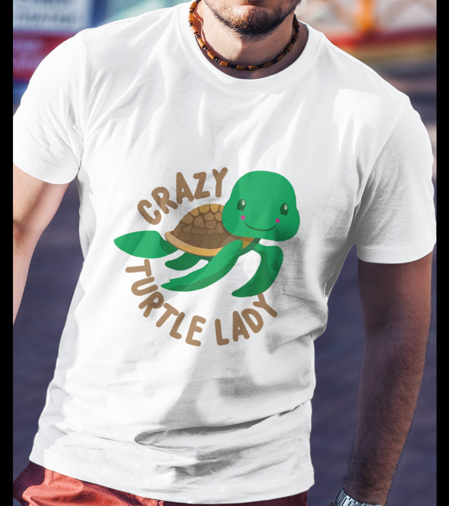 Crazy Turtle Lady Cute Green Cartoon Style Turtle With Happy Face T-Shirt
