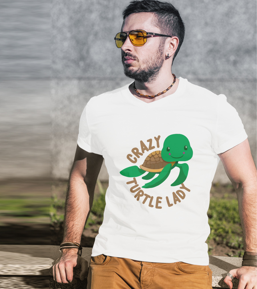 Crazy Turtle Lady Cute Green Cartoon Style Turtle With Happy Face T-Shirt