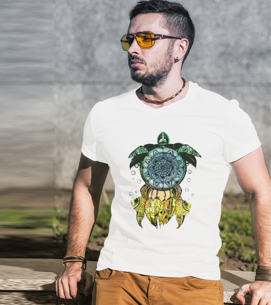 Dreamcatcher Flower Of Life Turtle With Intricate Mandala Feather And Geometric T-Shirt