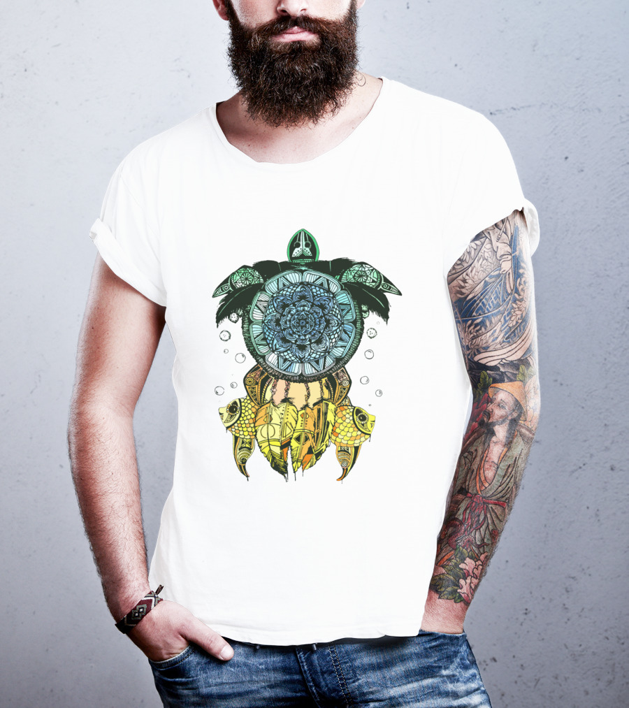 Dreamcatcher Flower Of Life Turtle With Intricate Mandala Feather And Geometric T-Shirt
