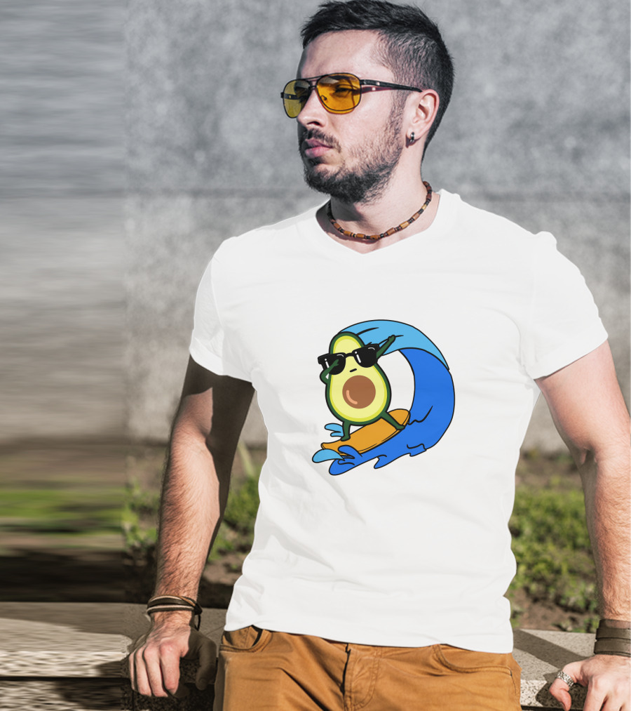 Avocado Wearing Sunglasses Riding Blue Ocean Wave T-Shirt