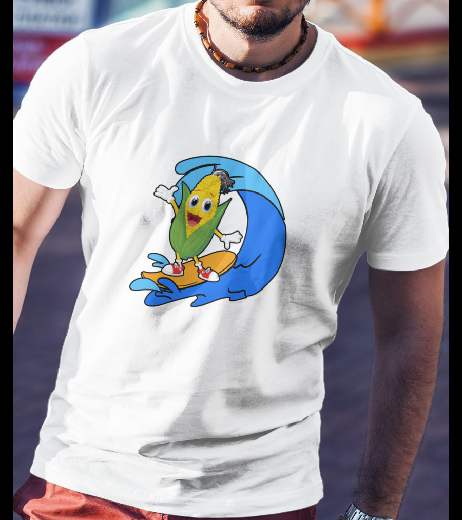 Corn On Surfboard Riding Blue Ocean Wave T-Shirt