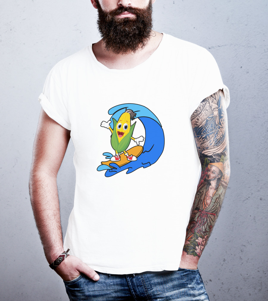 Corn On Surfboard Riding Blue Ocean Wave T-Shirt