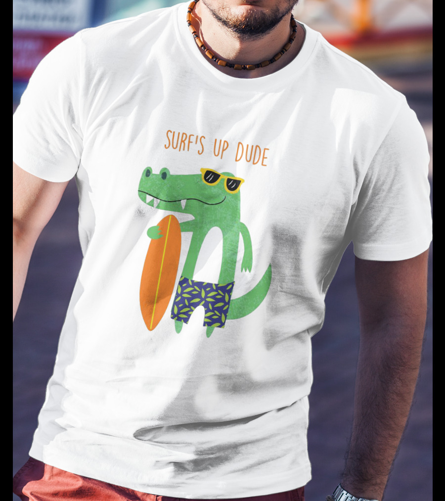 Surf's Up Dude Cool Crocodile In Sunglasses With Surfboard And Tropical Shorts T-Shirt