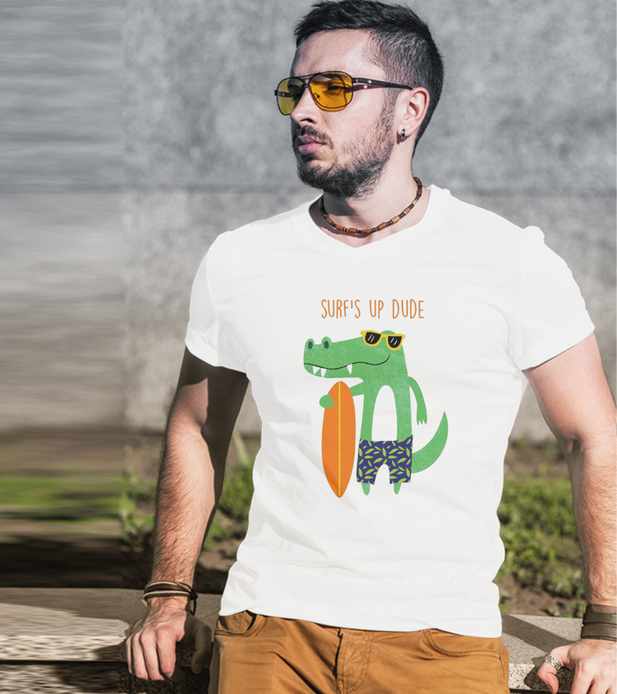 Surf's Up Dude Cool Crocodile In Sunglasses With Surfboard And Tropical Shorts T-Shirt