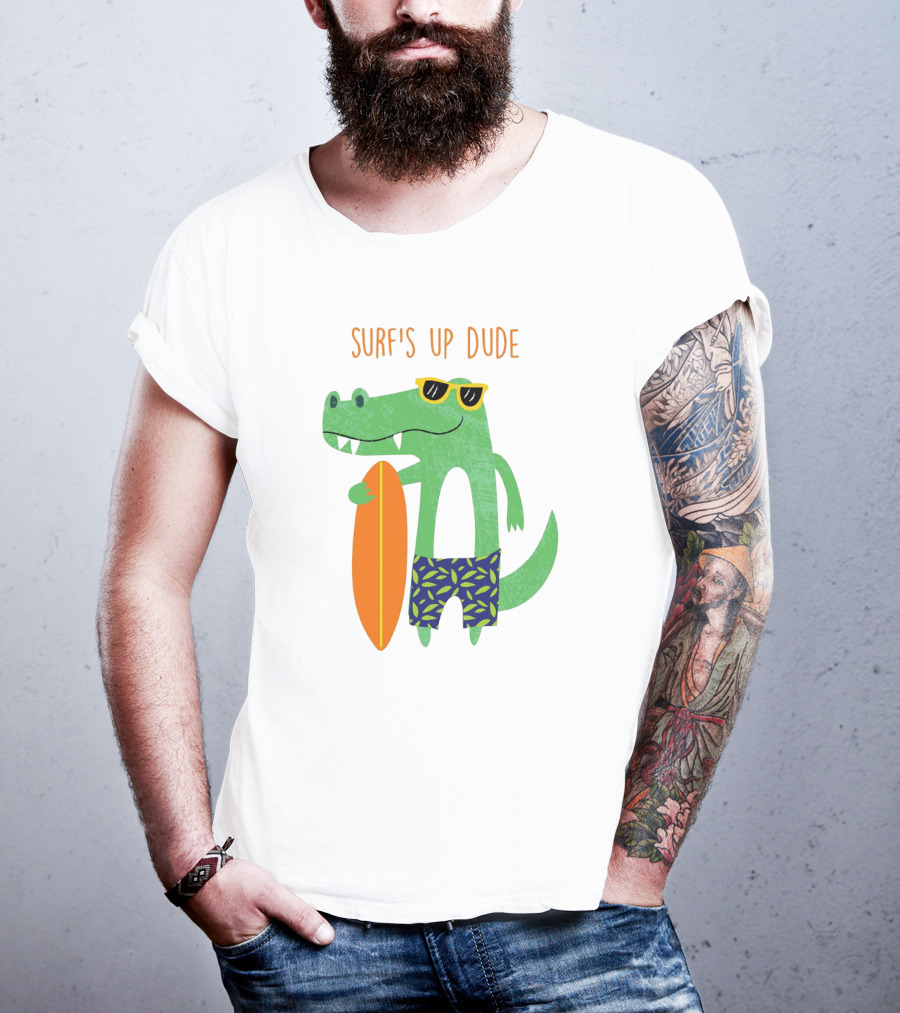 Surf's Up Dude Cool Crocodile In Sunglasses With Surfboard And Tropical Shorts T-Shirt