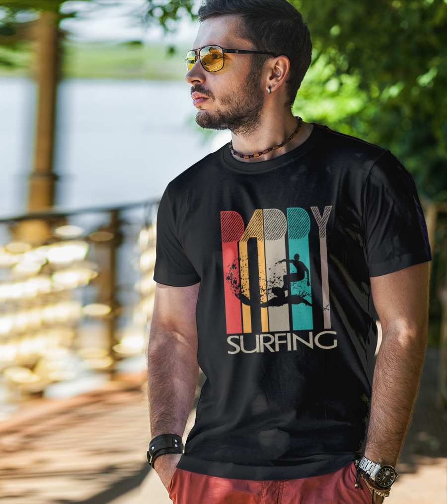 Vintage Daddy Surfing Silhouette With Retro Color Stripes T-Shirt