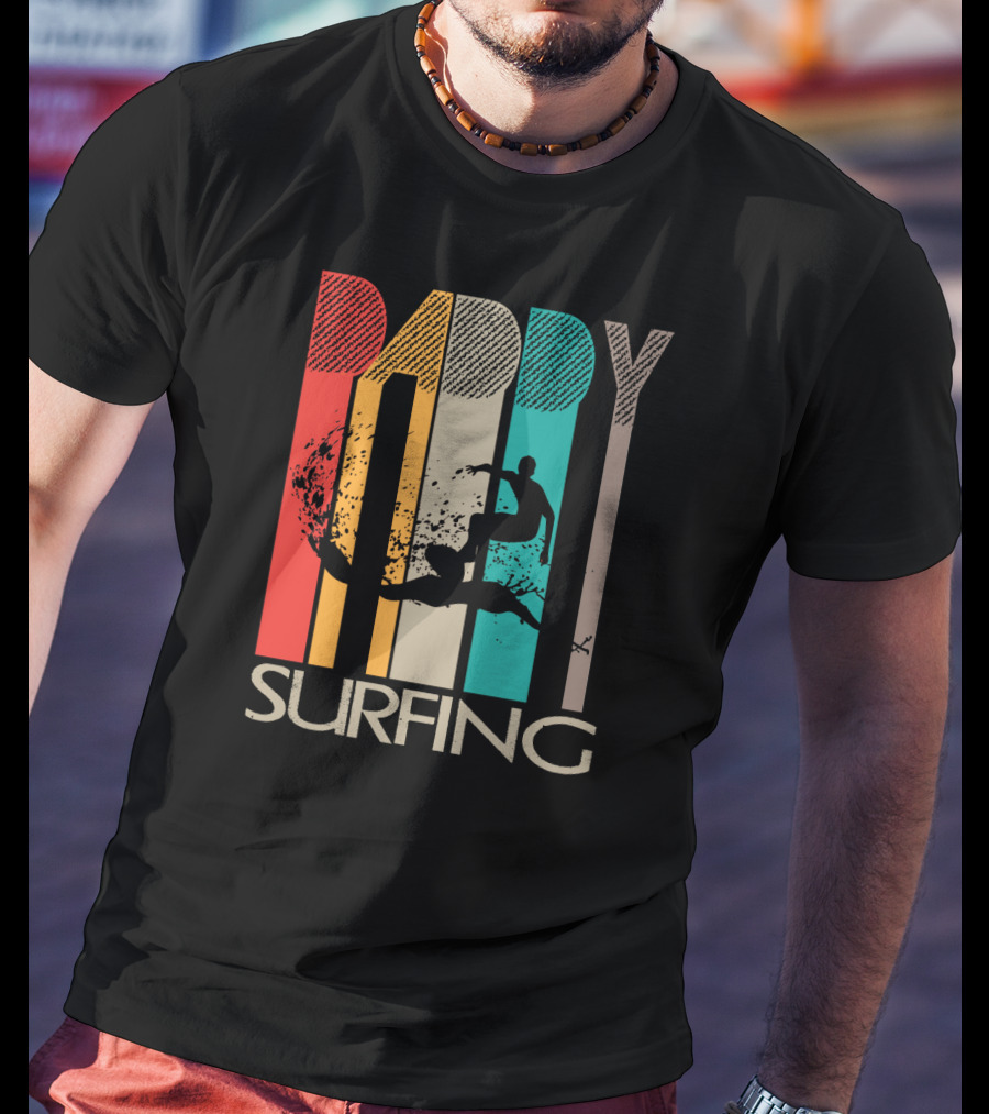 Vintage Daddy Surfing Silhouette With Retro Color Stripes T-Shirt